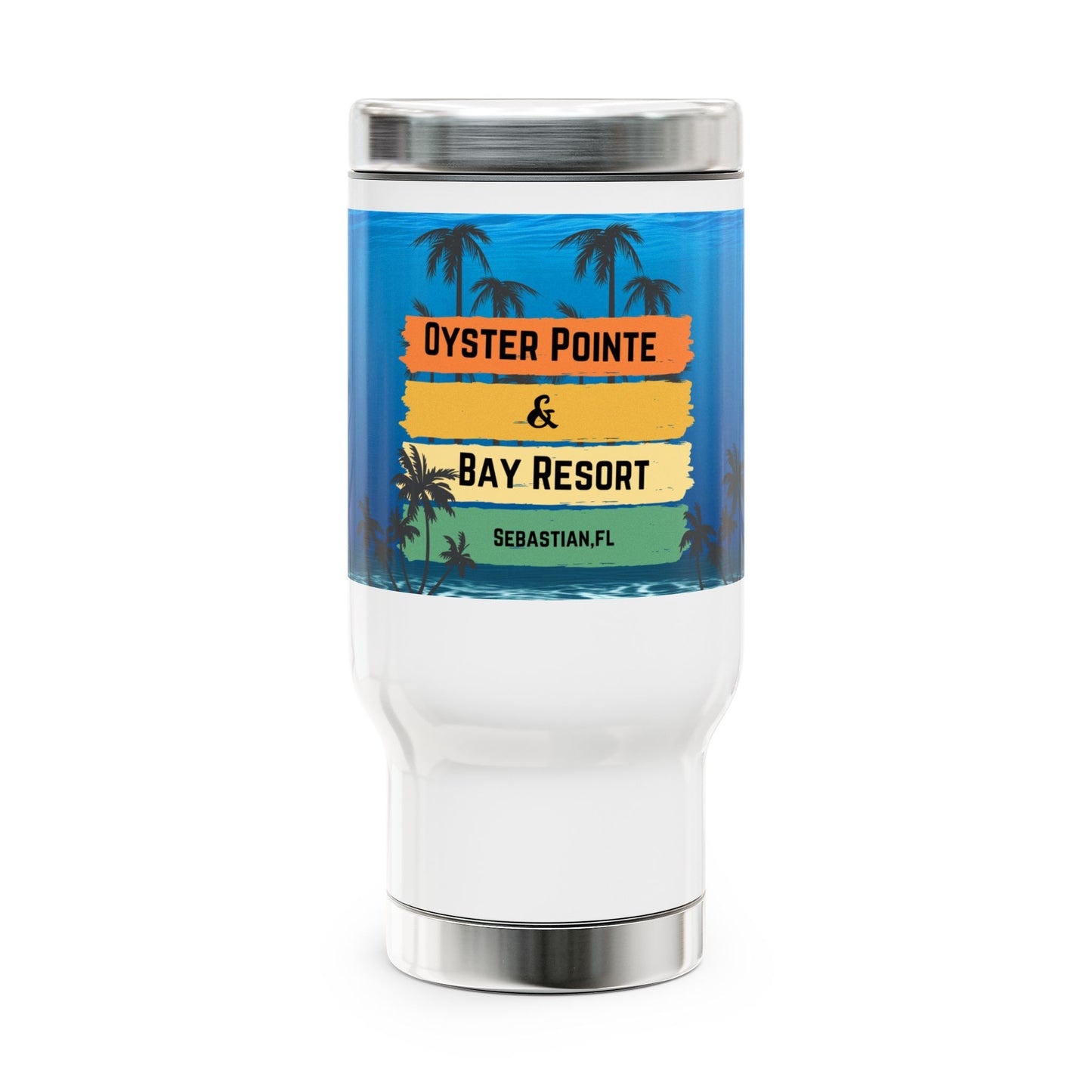 Oyster Pointe & Bay Resort Stainless Steel Travel Mug — 14oz Insulated Handle Tumbler